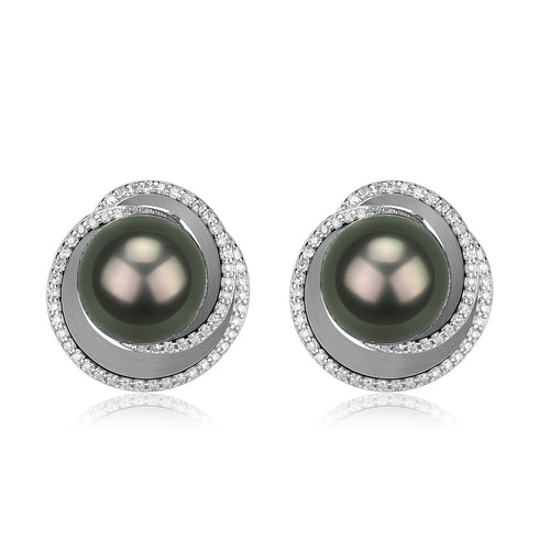 Earrings Tahitian South Sea Pearl Eclipse Stud Earrings with diamond halo, House Of Pearls - XM, pair.