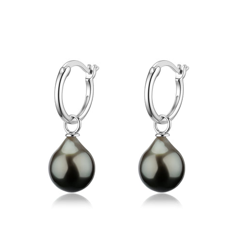 9-10mm Tahitian Pearl Halo Hook Earrings with teardrop black pearls on silver hoops
