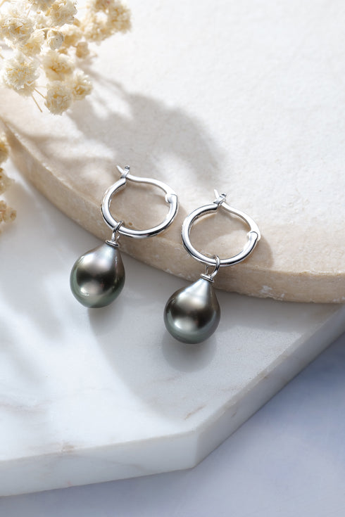 Pair of 9-10mm Tahitian Pearl Halo Hook Earrings with silver hoops and drop pearls