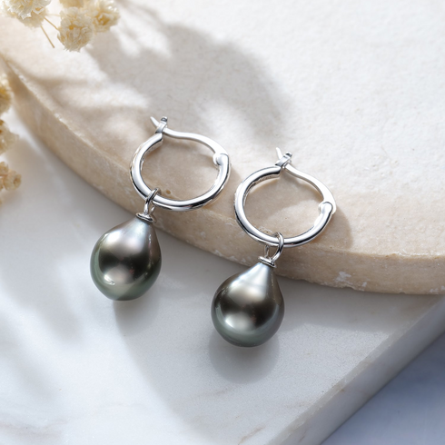 Pair of silver hoop earrings with Tahitian pearl drops, 10–11mm, House of Pearls TA