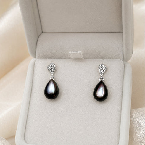 Pair of earrings, 8-9mm Tahitian pearl teardrops with pavé diamond heart tops, silver-tone setting