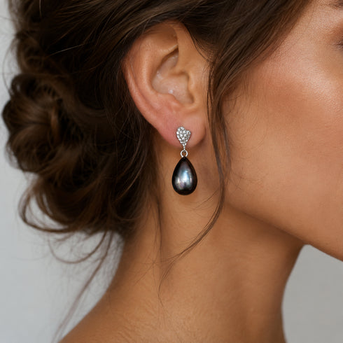 Earrings: 8-9mm Tahitian pearl teardrop with diamond-studded top, black iridescent pearl, House Of Pearls