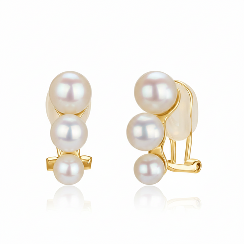 Pair of Three Pearls Clip Stud Earrings by House Of Pearls -TA, gold-tone with three white pearls