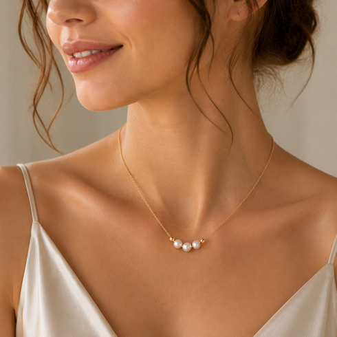 6-7mm Drops Smile Freshwater Pearl Necklace on a delicate gold chain with five pearls