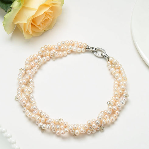 Triple Stand White Freswhater Pearl Crystal Twisted Necklace - Necklaces made with hand-selected pearls from House of Pearls