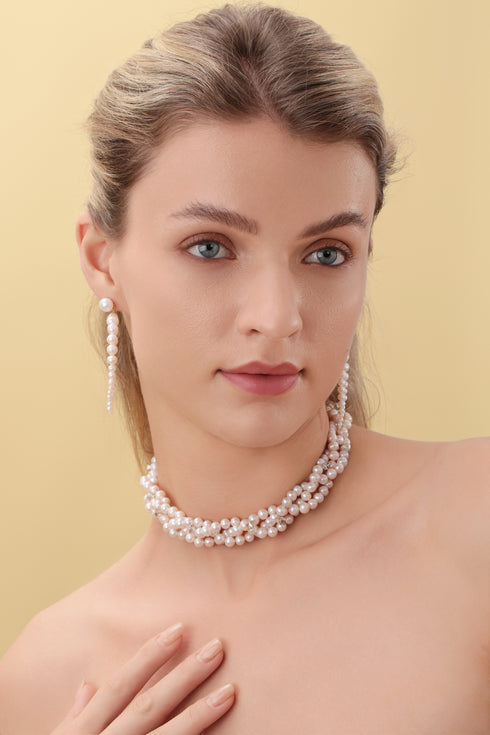 Triple Stand White Freswhater Pearl Crystal Twisted Necklace - Necklaces made with hand-selected pearls from House of Pearls