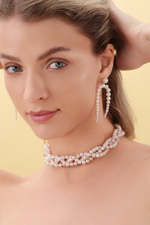 Triple Stand White Freswhater Pearl Crystal Twisted Necklace - Necklaces made with hand-selected pearls from House of Pearls