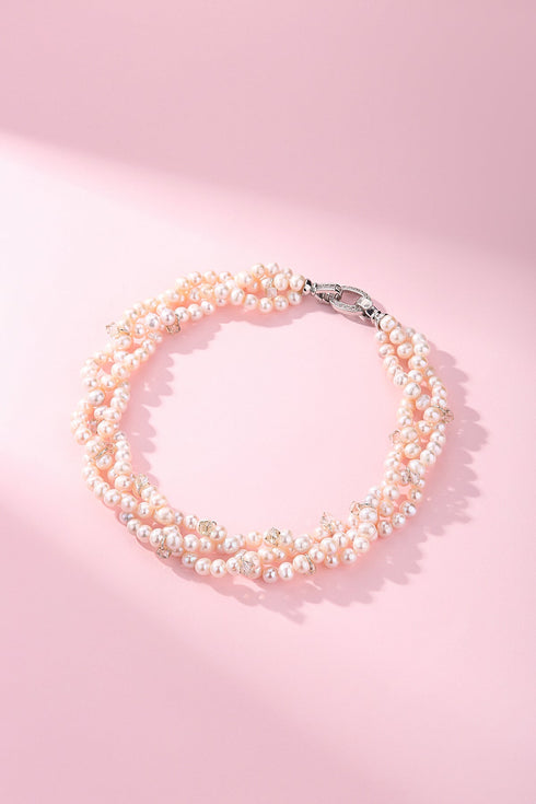 Triple-Strand freshwater pearl and crystal twisted necklace with pink-white pearls, by House of Pearls