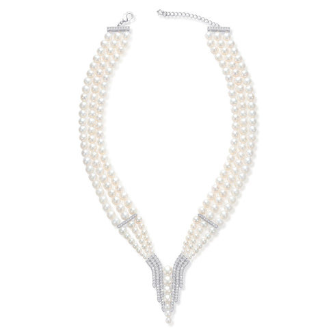 Triple strand white freshwater pearl necklace with crystal-set clasp