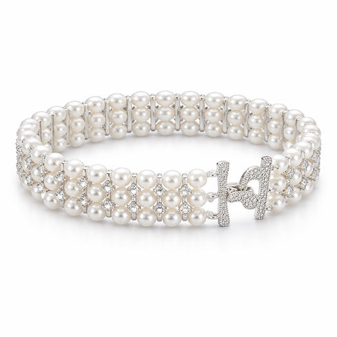 4-5mm Triple Strand Freshwater Pearl Cubic Zirconia Bracelet