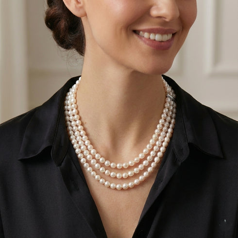 6-7mm Triple Strand White Freshwater Pearl Bracelet and Necklace Set(Purchase Individually)