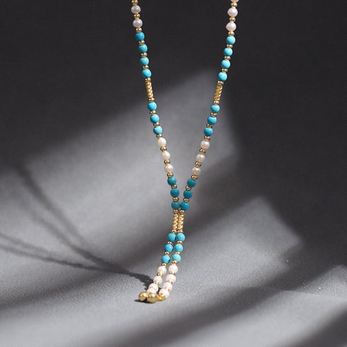 Turquoise and Pearl Beaded Long Necklace - Necklaces made with hand-selected pearls from House of Pearls