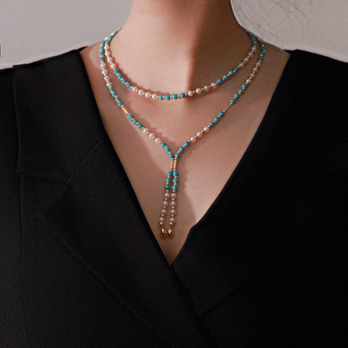 Turquoise and Pearl Beaded Long Necklace - Necklaces made with hand-selected pearls from House of Pearls