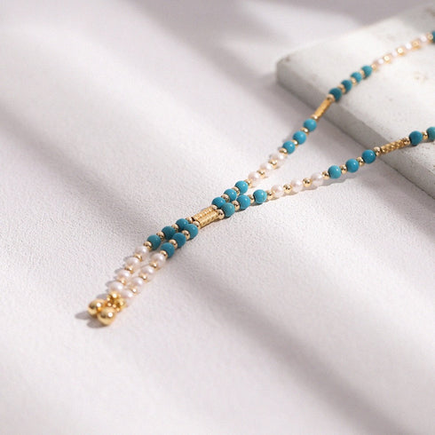 Turquoise and Pearl Beaded Long Necklace - Necklaces made with hand-selected pearls from House of Pearls