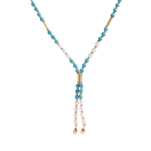 Turquoise and Pearl Beaded Long Necklace - Necklaces made with hand-selected pearls from House of Pearls