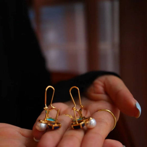 Pair of turquoise freshwater pearl earrings with gold-tone hooks, House Of Pearls LXP