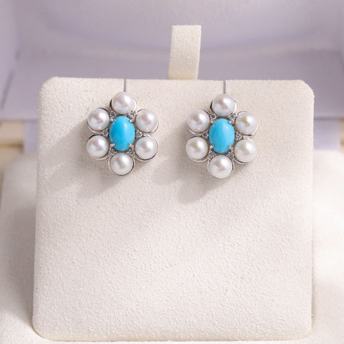 Turquoise & Freshwater Pearl Floral Earrings - Earrings made with hand-selected pearls from House of Pearls