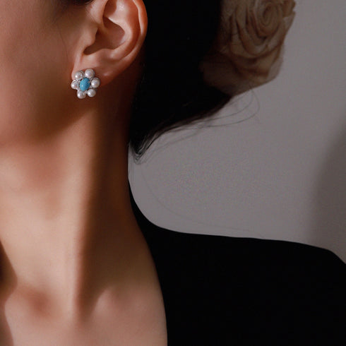 Turquoise & Freshwater Pearl Floral Earrings - Earrings made with hand-selected pearls from House of Pearls
