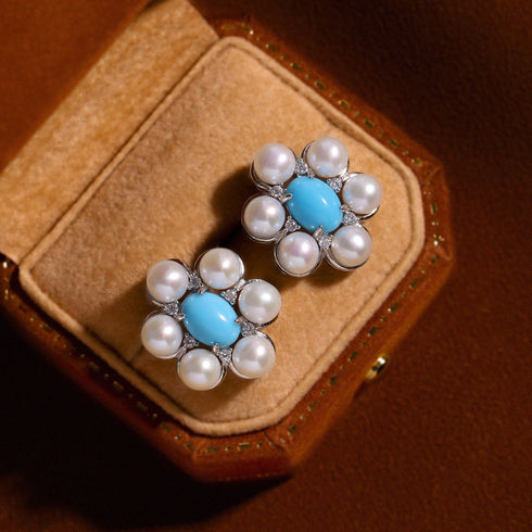 Turquoise & Freshwater Pearl Floral Earrings - Earrings made with hand-selected pearls from House of Pearls
