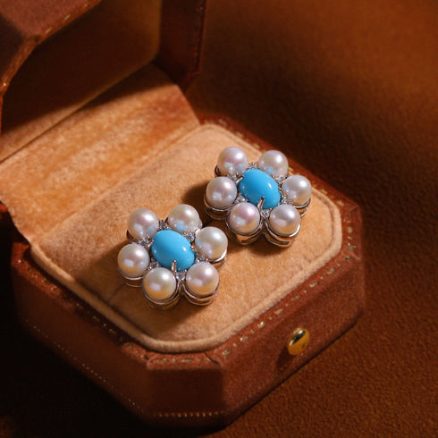 Turquoise & Freshwater Pearl Floral Earrings - Earrings made with hand-selected pearls from House of Pearls