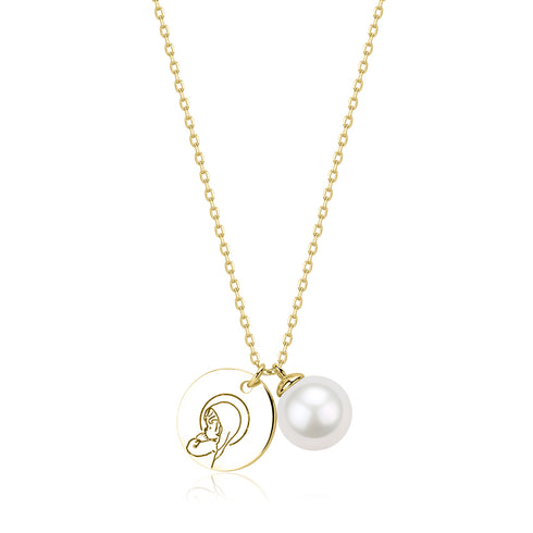 Virgin Mary Charm & Pearl Pendant Necklace on a gold-tone chain.