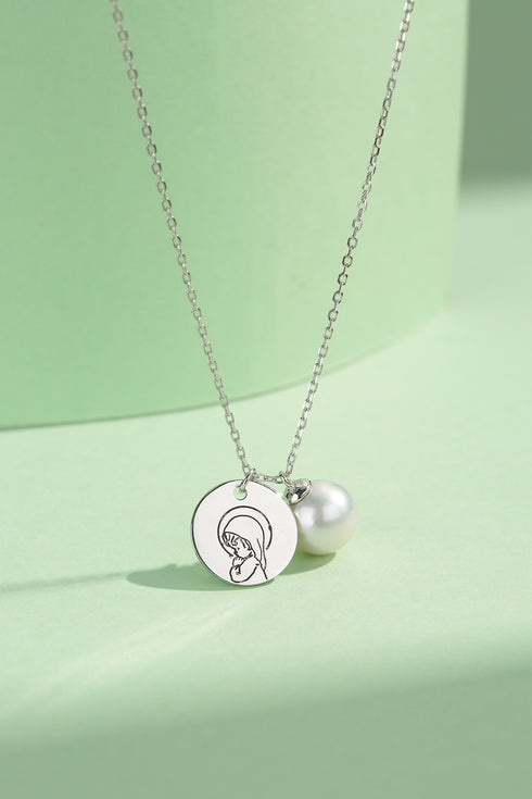 Virgin Mary Charm & Pearl Pendant Necklace on silver chain by House of Pearls-TA