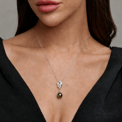 Necklace Dual Pearl Floral Tahitian Pendant with silver chain and dark Tahitian pearl drop