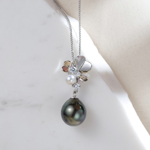 Dual Pearl Floral Tahitian Pendant Necklace with silver-tone flower cluster, white pearl, and dark Tahitian pearl drop