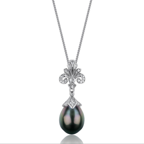 Tahitian Black Pearl Pendant Necklace with diamond-studded silver setting and pearl drop