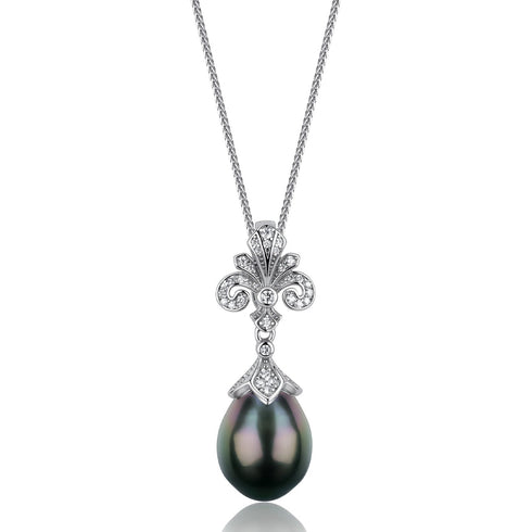 Tahitian Black Pearl Pendant Necklace with diamond-studded silver setting and pearl drop