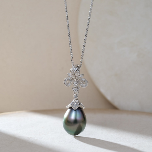 Waterdrop Tahitian Pearl Vintage Pendant on a silver chain with diamond pavé accents