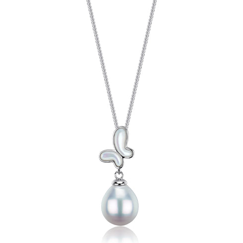 Necklace with silver chain and 10-11mm freshwater pearl pendant in a butterfly frame