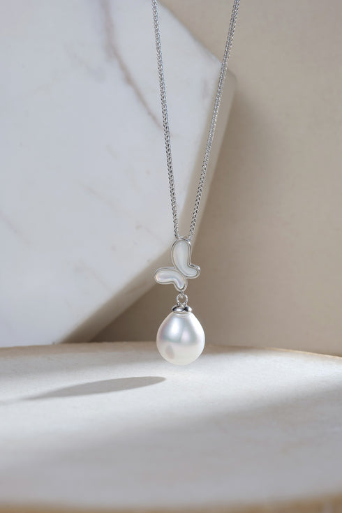 10-11mm freshwater pearl Aurora Vine pendant necklace with large drop pearl on a silver chain