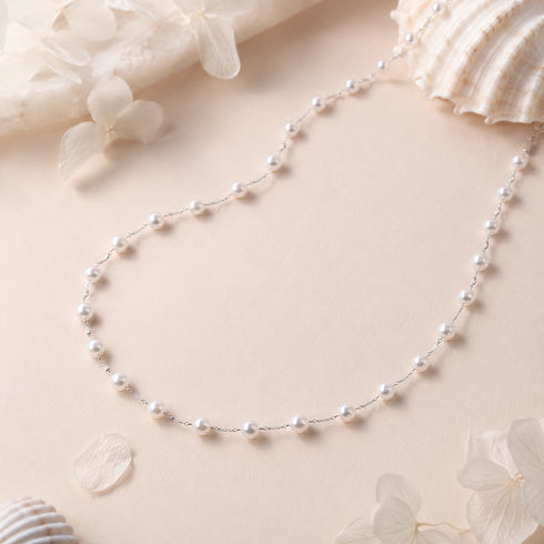 Pearl station necklace, 4-5.5mm white freshwater pearls on a silver chain, House Of Pearls - TA