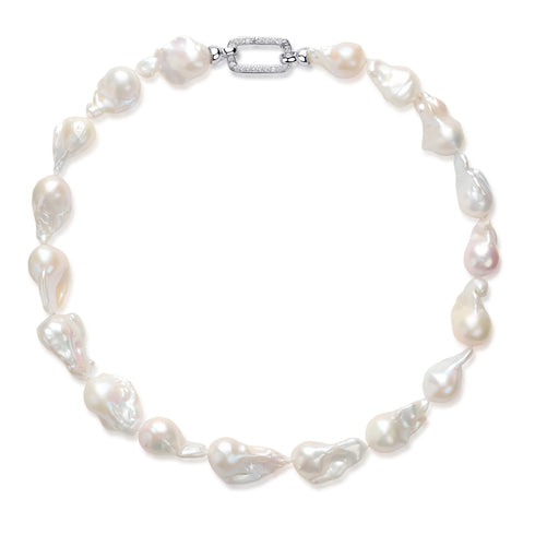 White large baroque freshwater pearl necklace with irregular pearls and a silver clasp set with small stones