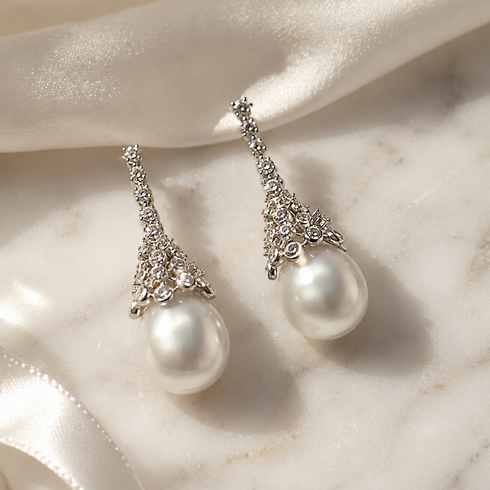 Earrings: House Of Pearls XM pair, 10–11mm Australian White South Sea oval pearl Regal Crown drop earrings