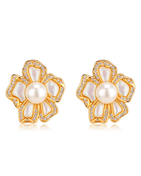 White Shell Flower Freshwater Pearl Earrings - Earrings made with hand-selected pearls from House of Pearls