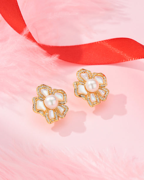 White Shell Flower Freshwater Pearl Earrings - Earrings made with hand-selected pearls from House of Pearls