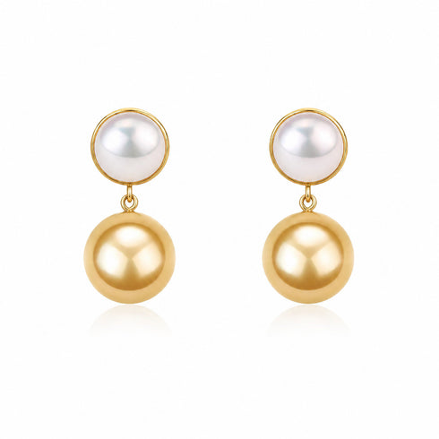 Earrings: white pearl stud with gold rim and dangling golden South Sea pearl drops in 18K gold, pair