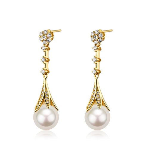 Earrings, gold-tone Daisy drop with CZ accents and 8–9mm freshwater pearls, pair
