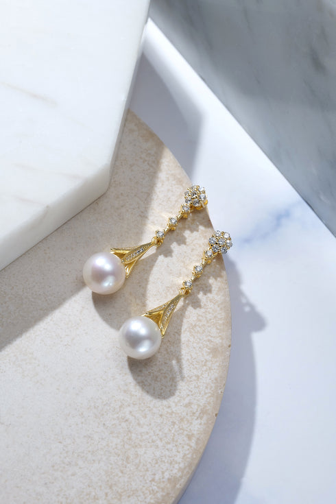 Earrings 8-9mm freshwater pearl & CZ daisy drops in gold-tone setting by House Of Pearls JT