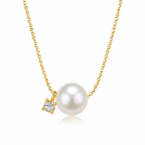 Freshwater pearl pendant necklace on gold chain with diamond accent