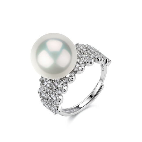 Ring 12-13mm freshwater pearl with a wide pave CZ band, silver, House of Pearls-JT