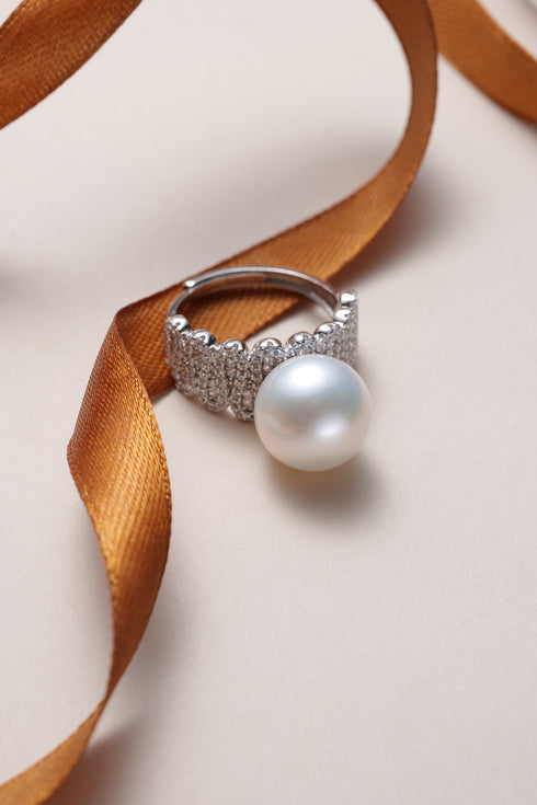 12-13mm Freshwater Pearl & Large Full CZ Wide Ring, silver-tone band with pave crystal accents.