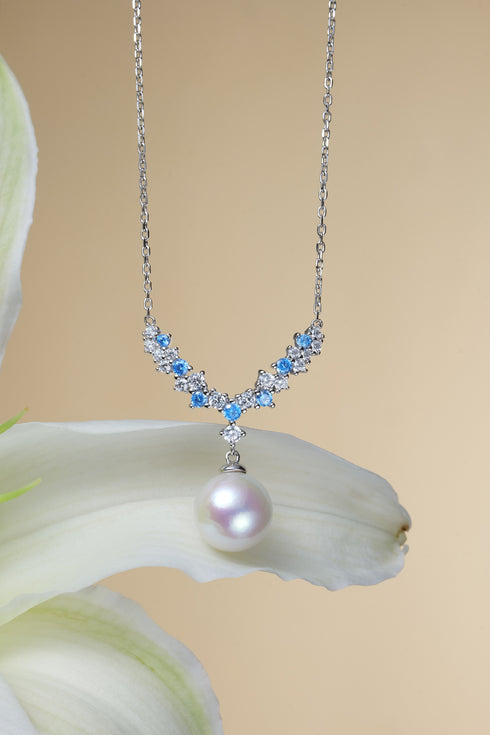 10-11mm freshwater pearl Aurora Vine pendant necklace with blue and clear stones on a silver chain