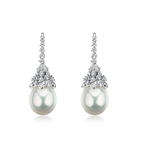 Pair of House Of Pearls 8–9mm freshwater pearl CZ celestial drop earrings with crystal-accented silver setting