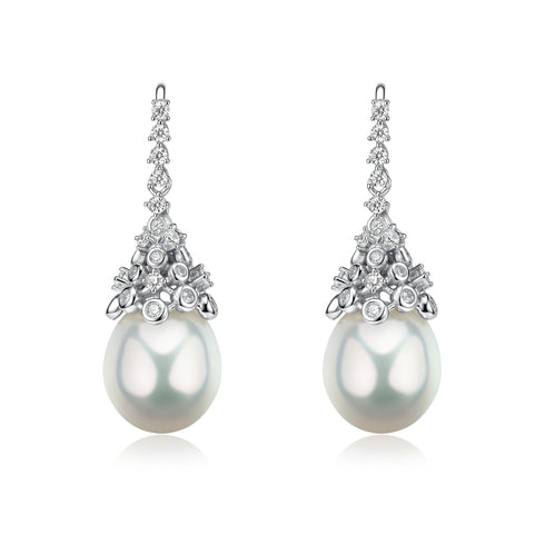 Pair of House Of Pearls 8–9mm freshwater pearl CZ celestial drop earrings with crystal-accented silver setting