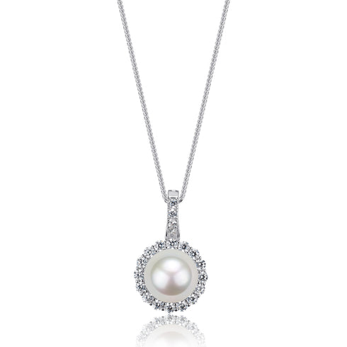 Pearl pendant necklace by House of Pearls, 10-11mm freshwater pearl with diamond halo on a silver chain.