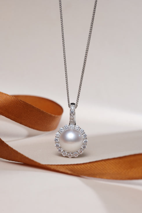 Pearl pendant necklace with 10-11mm freshwater pearl and diamond halo on a silver chain - House Of Pearls