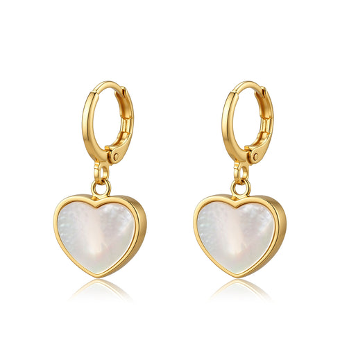 Earrings: pair of gold-tone hoops with heart-shaped mother-of-pearl pendants